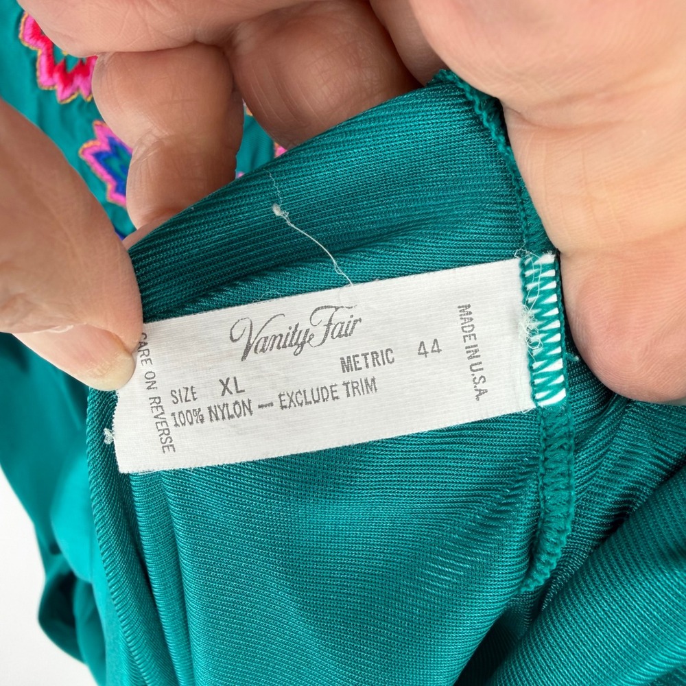 Vtg Vanity Fair XL Teal Floral Peignoir Set Made USA Antron Nylon Robe Gown EUC - Picture 12 of 13